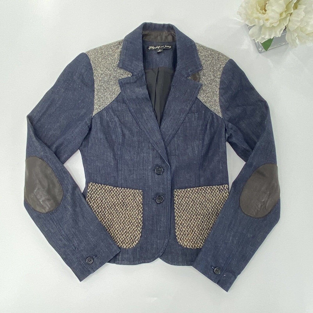 Elizabeth and James Sz 6 Denim Tweed Riding Jacket Blazer Elbow Patch Button